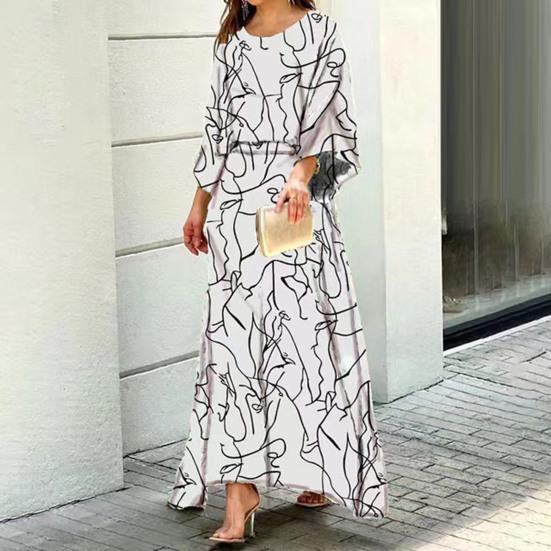 2 Pcs/Set Women Top Skirt Set Contrast Color Print Three Quarter Sleeve Loose Round Neck High Waist Ankle Length Soft Lady