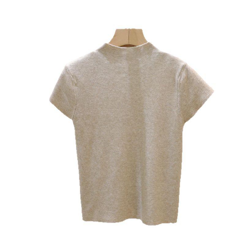 Women's Slim Fit Knitted White Top - Summer 2025 Short Sleeve Half High Neck Tee