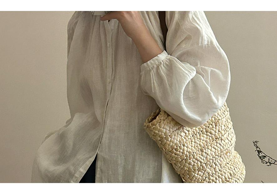 Spring/Summer 2026 Artistic Loose-Fit Plus Size Women's Linen Shirt with Pleated Stand Collar and Long Sleeves