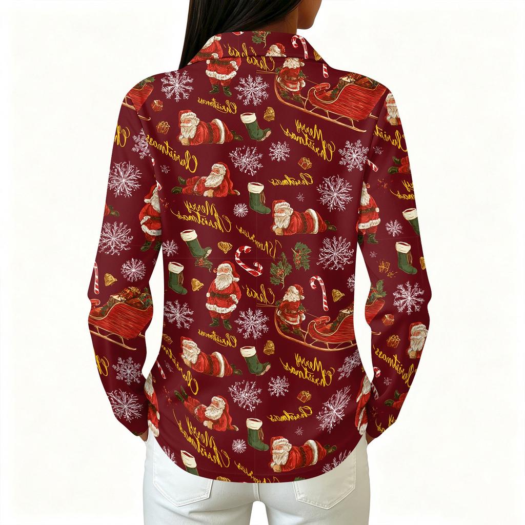 Women's Christmas Print Long Sleeve Button Down Casual Top with Collar and Side Slits