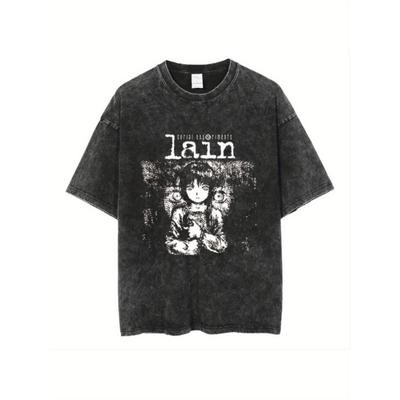 Lain Serial Experiments Monochrome Anime Text, Men's Vintage Short Sleeve Crew Neck Comfortable Pure Cotton Top