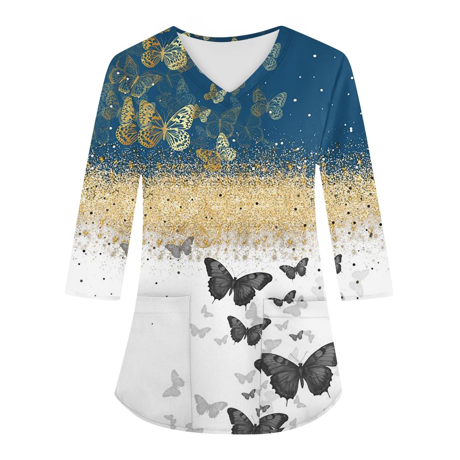 

Модная женская рабочая одежда с v-образным вырезом и рукавами 3/4, свободные топы с карманами и принтом M синий