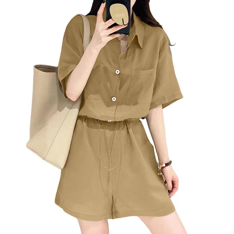 ZANZEA Women Summer Turn Down Collar Short Sleeve Drawstring Jumpsuits Overalls