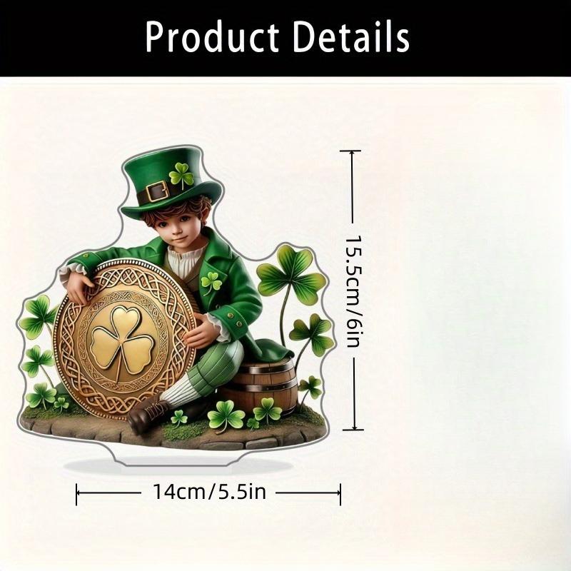 2D Flat Leprechaun Acrylic Desktop Decoration, Golden Four-Leaf Clover Shield, Green Top Hat & Clover Ears Design, Suitable for wall Decoration, porch