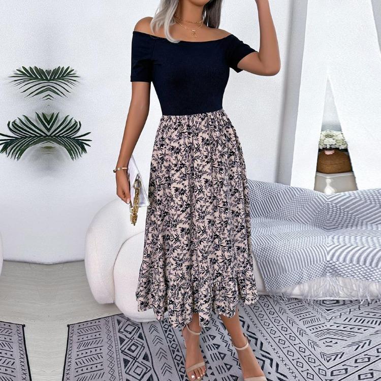 Summer Women Off Shoulder Floral Ruffled Medium Long Dress Spring