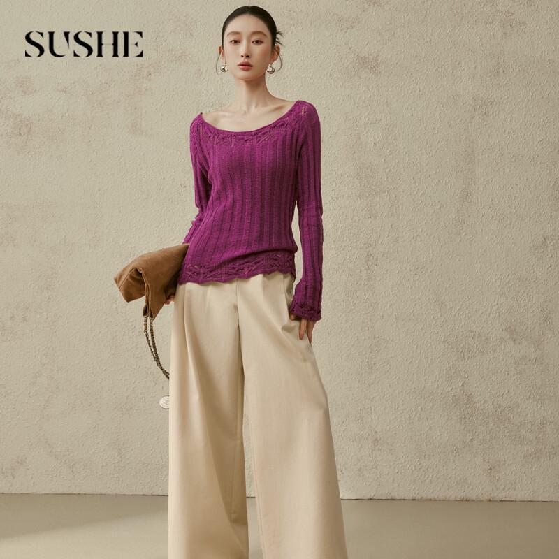 SUSHE Floral Crochet Ribbed Knit Boat Neck Top M