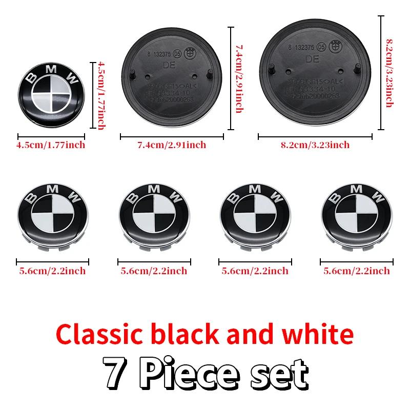 Car Black White BMW Logo Front Hood Emblem 82mm Rear Badge 74mm Wheel Hub Cap 56mm 68mm steering wheel sticker 45mm Accessories WS4