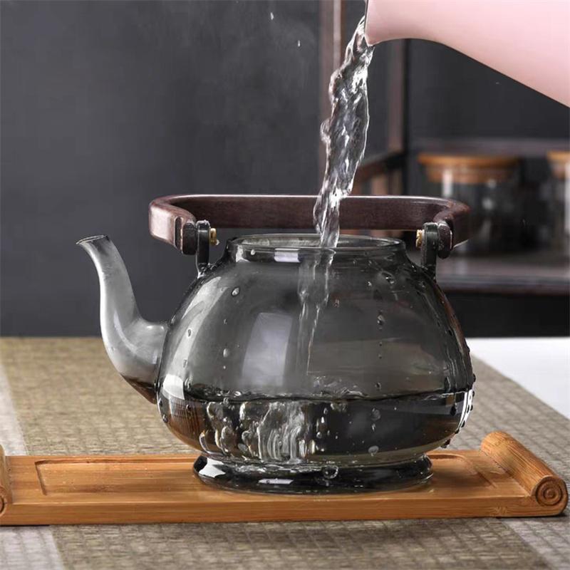 Large Capacity 1000ml Steaming and Boiling Heat-resistant Glass Teapots With Infuser Filter Wooden Handle Lifting Beam Tea Pot