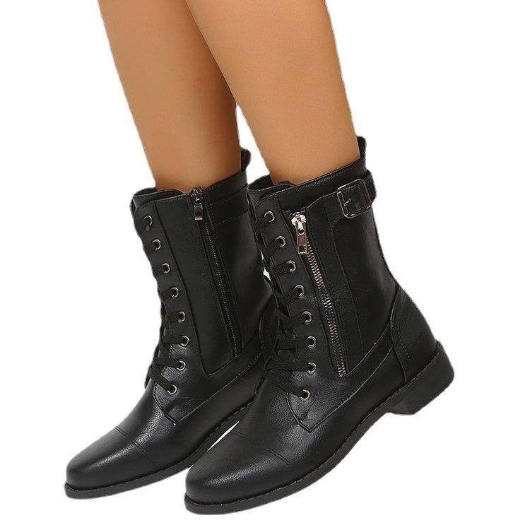 Europejskie i amerykańskie okrągłe czubki 2025 nowe buty damskie Martin na grubym obcasie, sznurowane, w jednolitym kolorze, z niską cholewką, z bocznym zamkiem błyskawicznym, buty damskie w magazynie