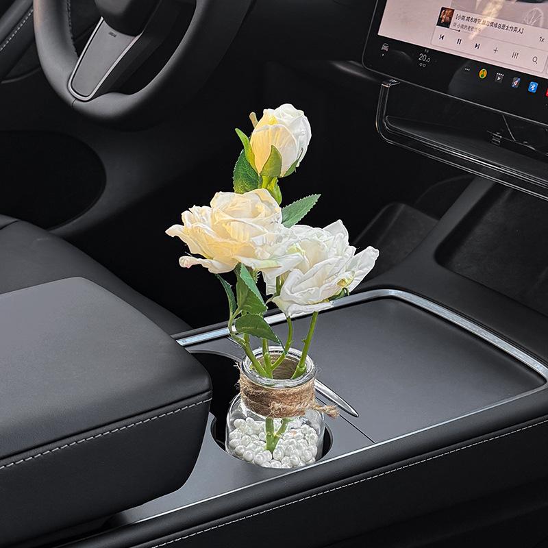 Romantischer Auto-Lufterfrischer-Strauß, Künstliche Rose mit Perle, Geeignet für Getränkehalter, Autovase, Auto-Innendekoration