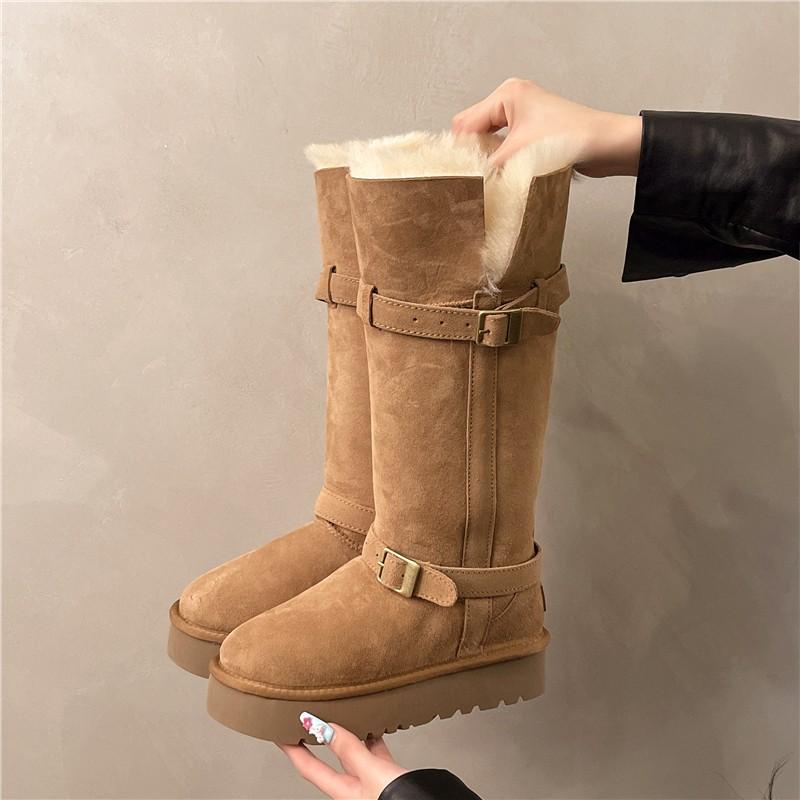 Plus Size Women's Boots Winter New Round Toe Sleeve Metal Buckle Platform Fleece Fur Non-slip Snow Boots