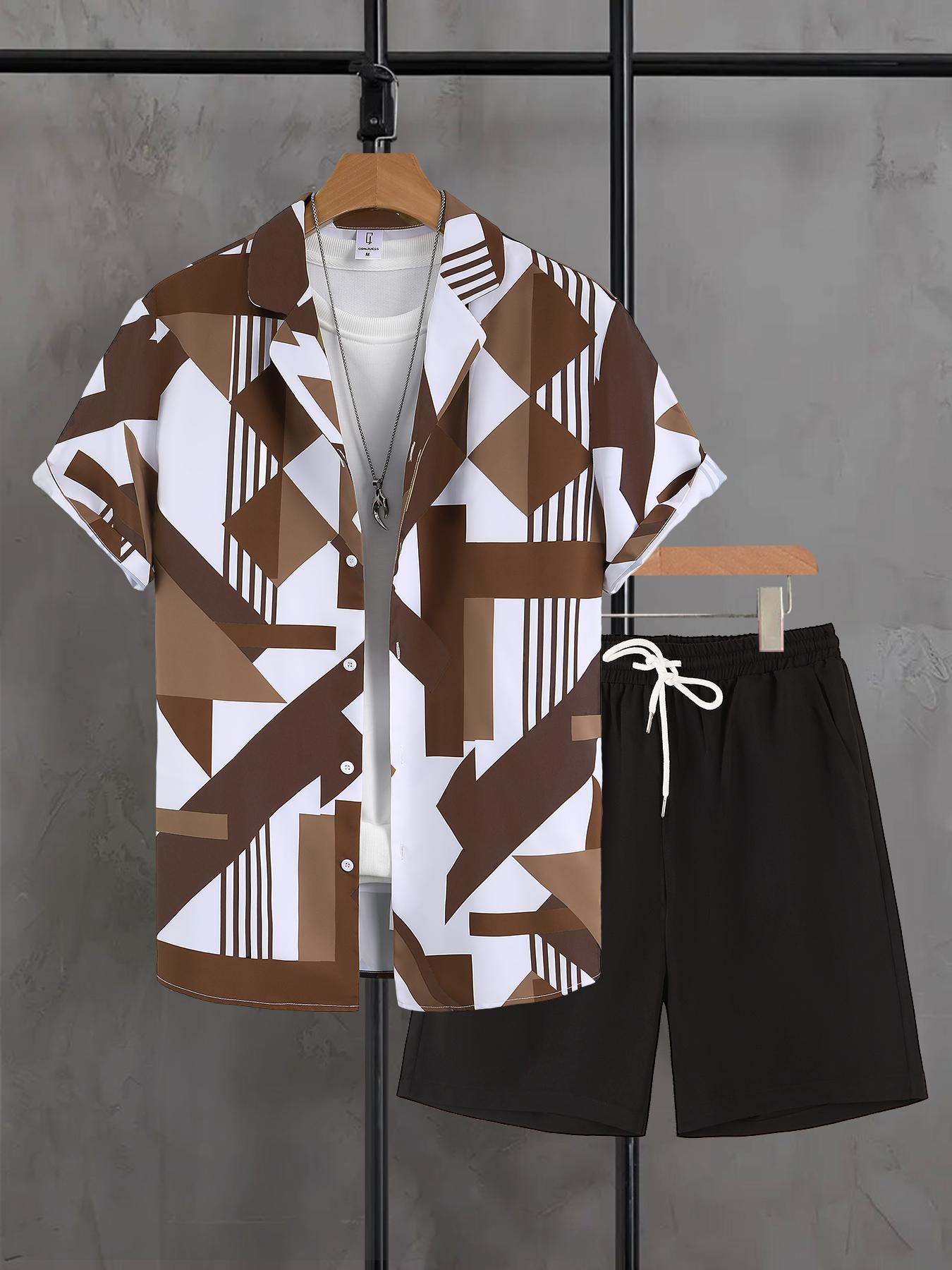 

Мужской уникальный геометрический повседневный комплект Коричнево-белый Color Block Топ с коротким рукавом и Черные однотонные шорты Комплект из 2 предметов S