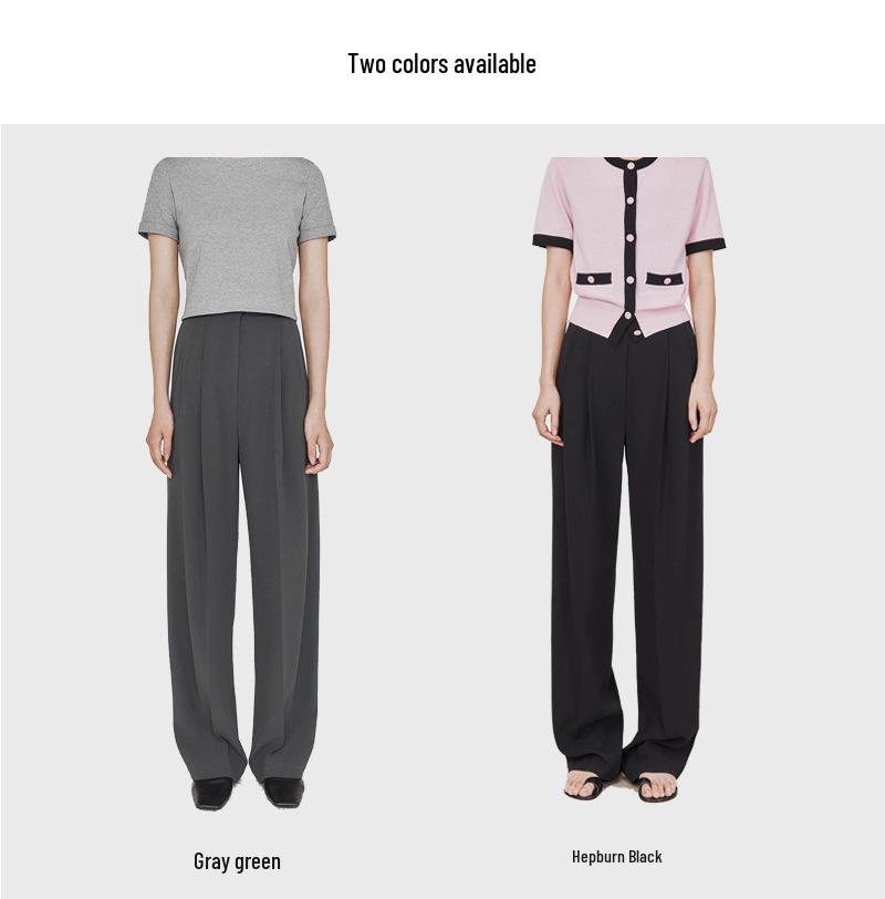 2026 Spring/Summer Women's Gray High-Waisted Wide-Leg Pants - Casual, High-End, Long, Straight-Leg Style