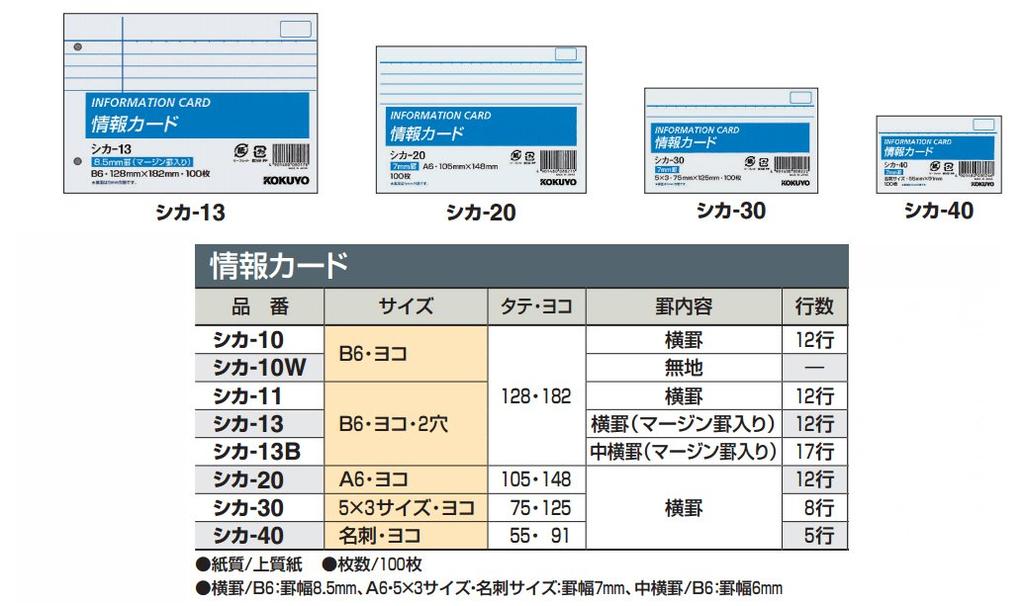 KOKUYO Memo Information Medium B6 100 Pad, Card, Ruled, Horizontal, 2-Hole, Sheets, CICA-13B