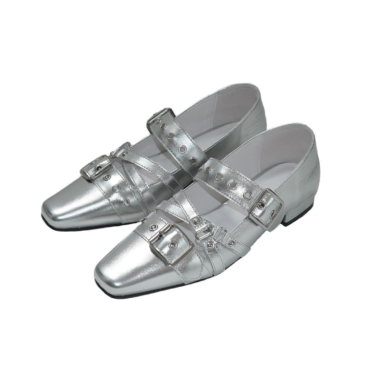 

Mooreyu Silver Single Shoes Female Original Vintage Mary Jane Leather Small Square Head Riveted Ballet Flats Female 35 серебряный