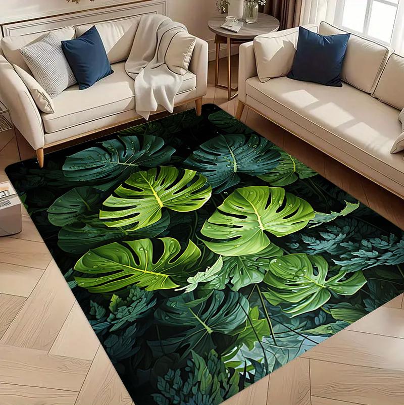 2D Green Monstera Leaf Area Rug Tropical Plant Themed Floor Carpet Non-Slip Washable Bathroom Doormat Living Room Kitchen Carpet