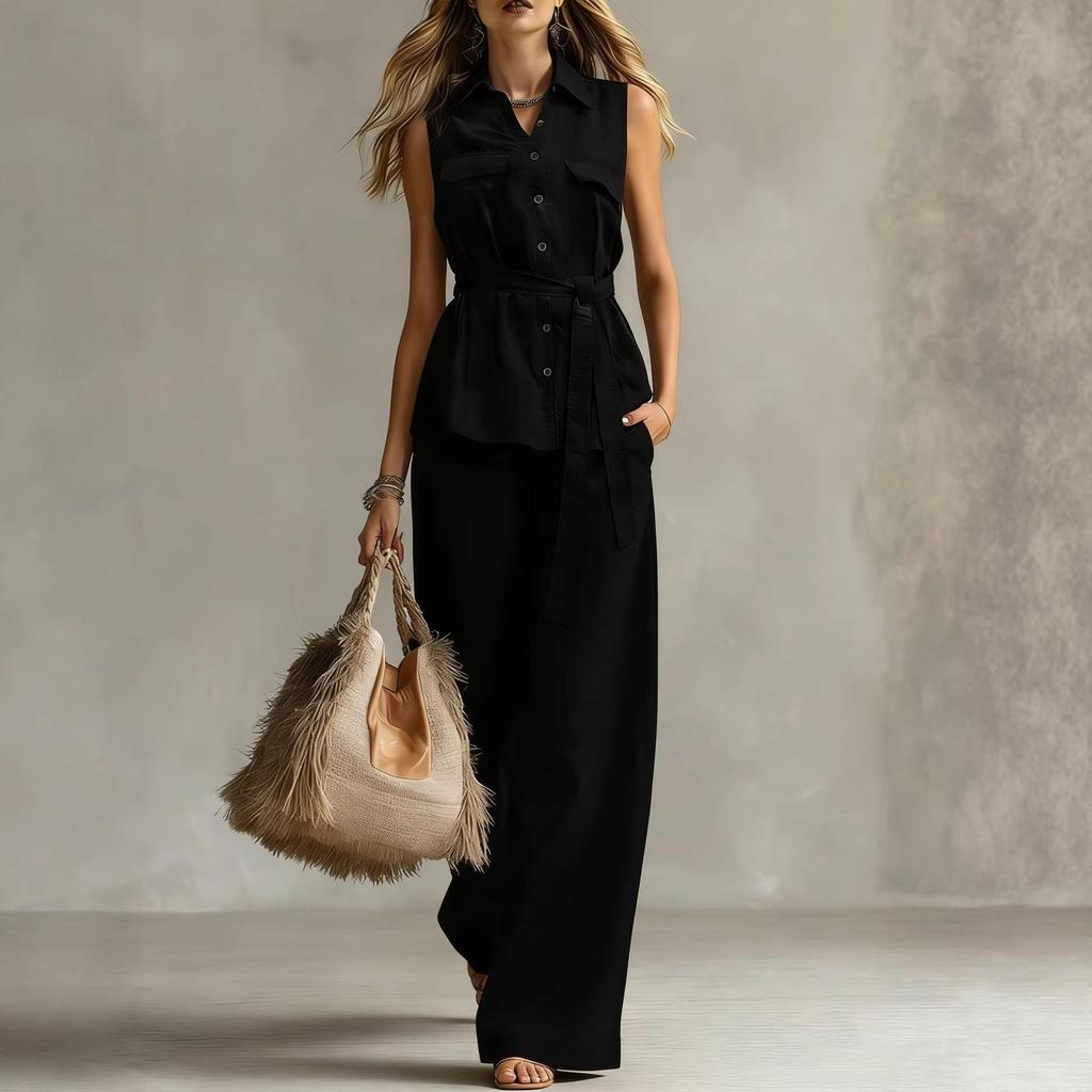 2026 New Summer European and American Cross-border Comfortable and Casual Sleeveless Waist Tie-up Collar Shirt Trousers Two-piece Women's Clothing