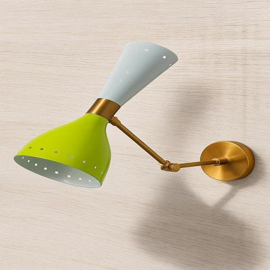 Mid-Century Modern Wall Sconce: Black  White Cone Shade, Raw Brass Lamp