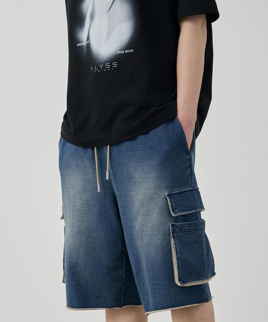 ALYSS Washed Denim Sweat Cargo Bermuda Pants [Dusty Blue]