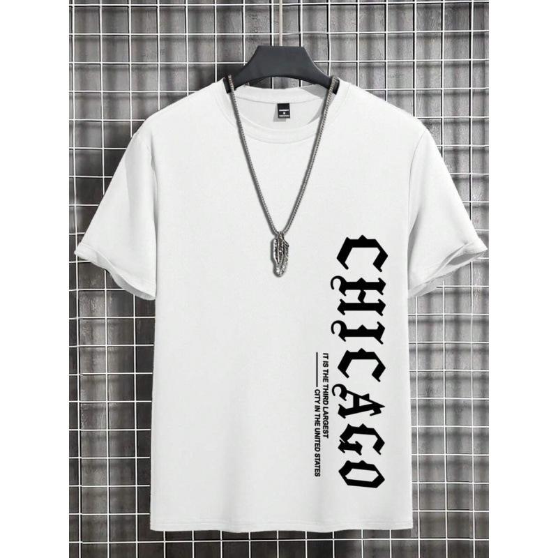 Men's Summer Casual T-Shirt Vertical Chicago Text Print Short Sleeve Streetwear
