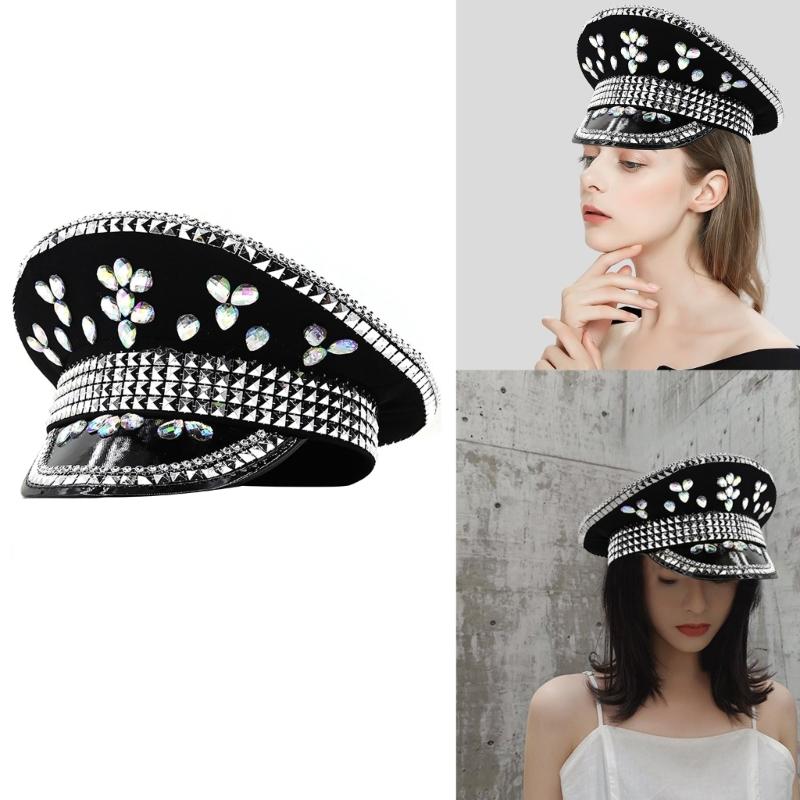 Mit Juwelen besetzte Kapitänsmütze Kristalle Matrosenhut für Disco House Cocktailpartys Urlaub Funkelnde Kristalle für Braut