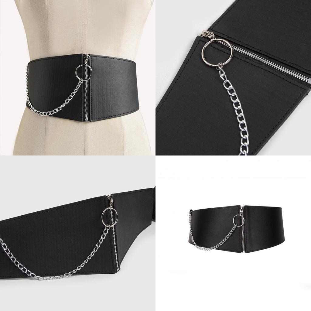Casual Designer Faux Leather Waist Band With Chain Decoration And Metal Snap For Youth Fashion