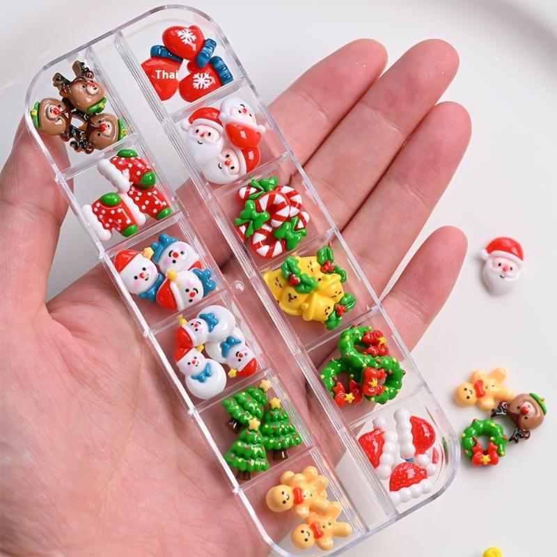 12 Kratek 36/60 Sztuk Kawaii Mini Bałwan Choinka Charmsy do Paznokci 3D Renifer Święty Mikołaj Rhinestonesy do Paznokci Żywiczne Boże Narodzenie Klejnoty do Paznokci