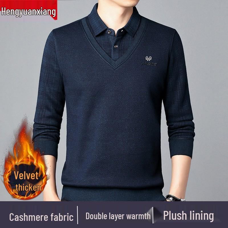 Hengyuanxiang Men's Pure Cashmere Two-Piece Look Thickened Winter Sweater