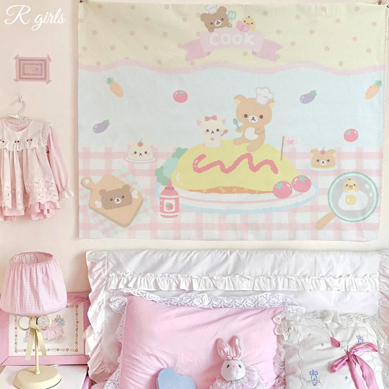 

Cute Cartoon Bear Tapestry Pink Striped Wall Hanging for Kawaii Bedroom Decor Background Cloth 74x94cm(29x37in)