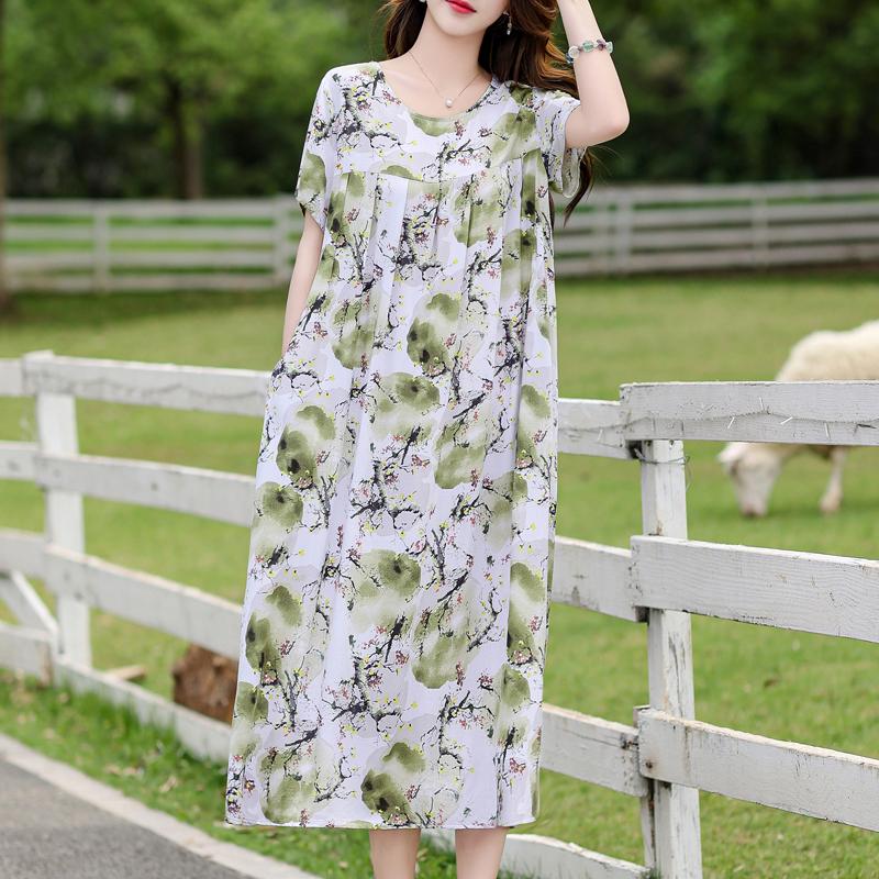Vintage Print Loose Dresses For Women Plus Size Short Sleeve Casual Long Dress Summer Elegant Middle-aged Women's Clothing