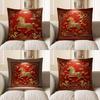 2D Golden Horse & Dragons Floral Pattern Pillow Cover Pattern Cushion Cover Suitable For Sofa Bedroom Car Pillow Cover