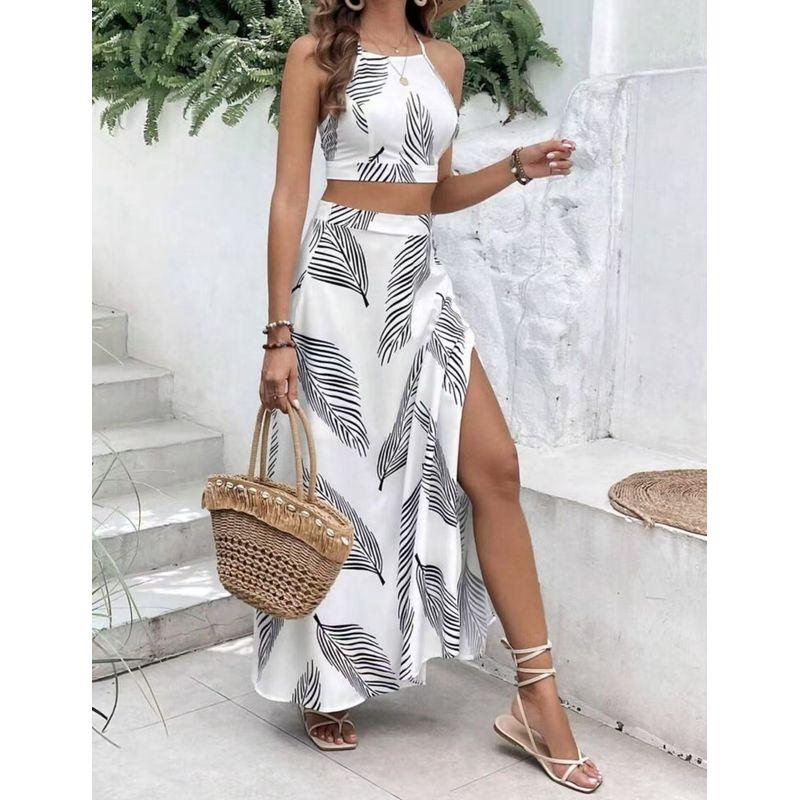 New Vacation Print Elegant Two-piece Set Sling Sleeveless Top and Slit Skirt sets Women