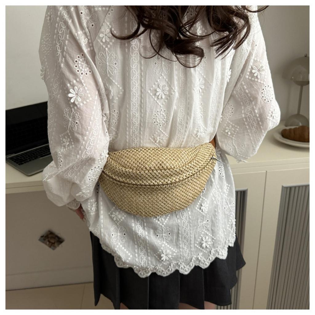 Women'S Stylish Woven Chest Bag - Light Brown, Crossbody Sling Phone Pouch with Zipper Closure, Versatile Waist Pack for Beach, Beach Bag