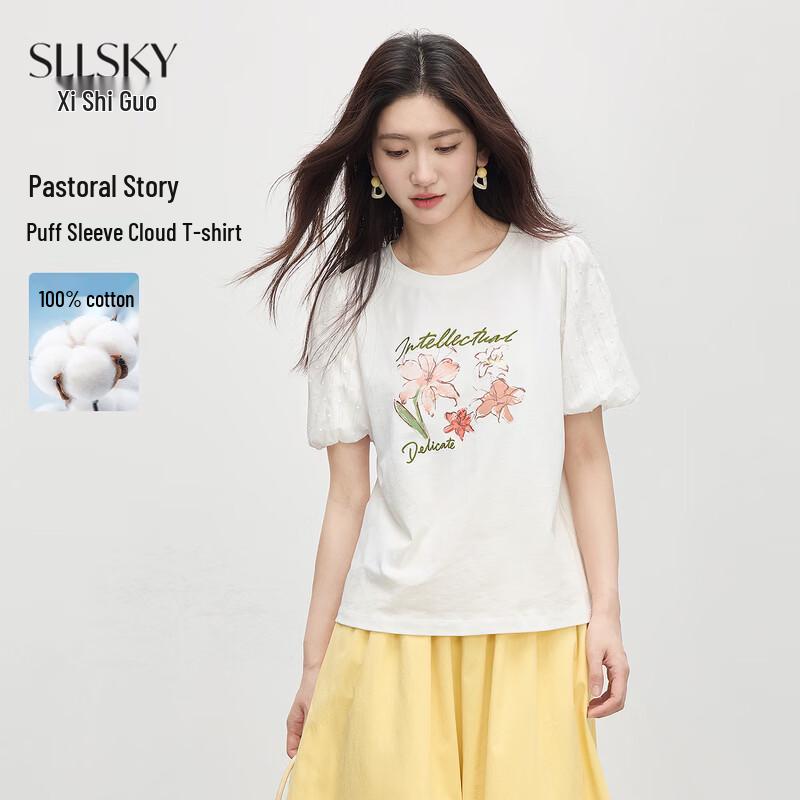 SLLSKY Women s Puff Sleeve Print Cotton T-Shirt XL
