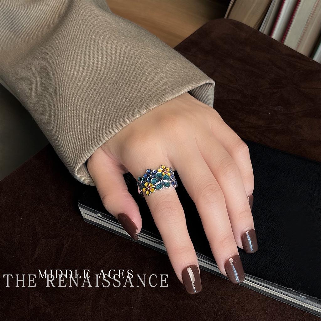 Retro Blue Enamel Drip Glaze Floral Adjustable Ring for Women