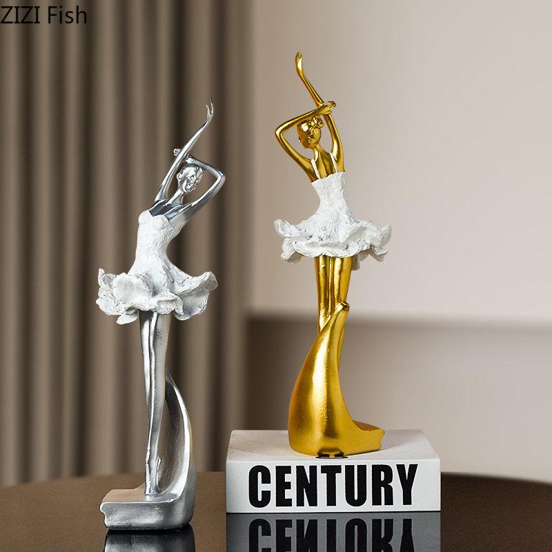 Gold-plating Ballet Dancer Character Statue Desk Decoration Ballerina Artwork Figures Resins Sculpture Room Aesthetic Decor