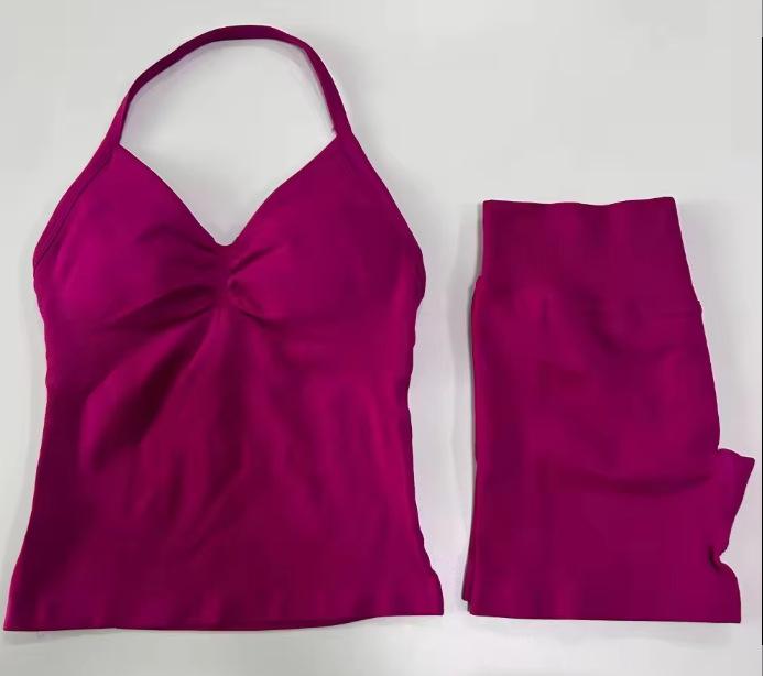 JYL Seamless Backless Two Piece Set Padded Halter Top Fitness Shorts