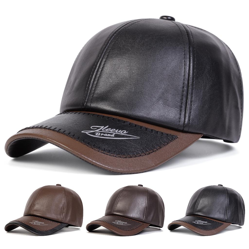 Unisex Brim Splicing Letter Print Adjustable Pu Leather Baseball Hat Winter Warm Caps Spring Autumn Outdoor Sport Travel for Women Men