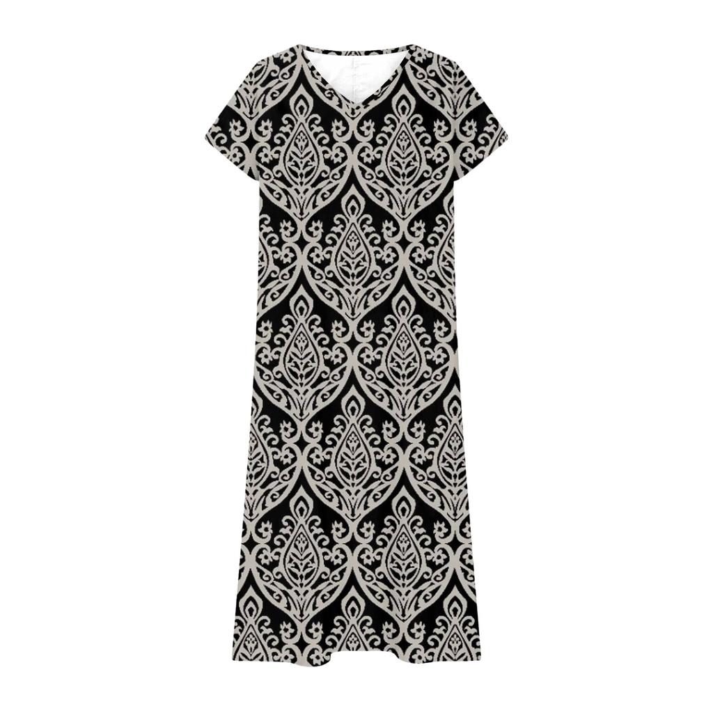 Summer Dress Women's Long Boho Beach Dress Elegant Maxi Dress V-Neck Short Sleeve Summer Tunic Dress Light Airy
