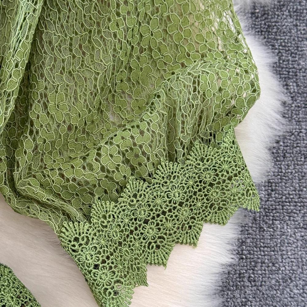 Talie înaltă cu decolteu, mânecă lanternă, mozaic, dantelă, scobită, rochie nouă, slim, în stil franțuzesc.