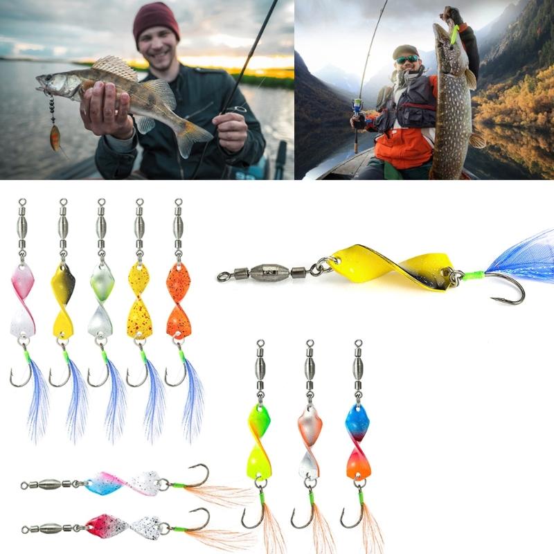 10pcs Twisted Hard Baits 360 Degree Rotating Wobbler Jigging Baits Spoon Lures Artificial Spinnerbaits with Feather Hook