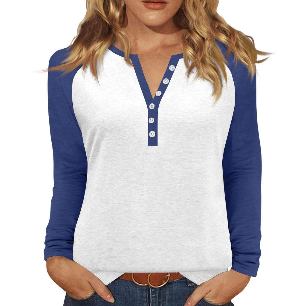 Women's T Shirt Color Block Button Long Sleeve Daily Weekend Fashion Basic V- Neck Regular Top