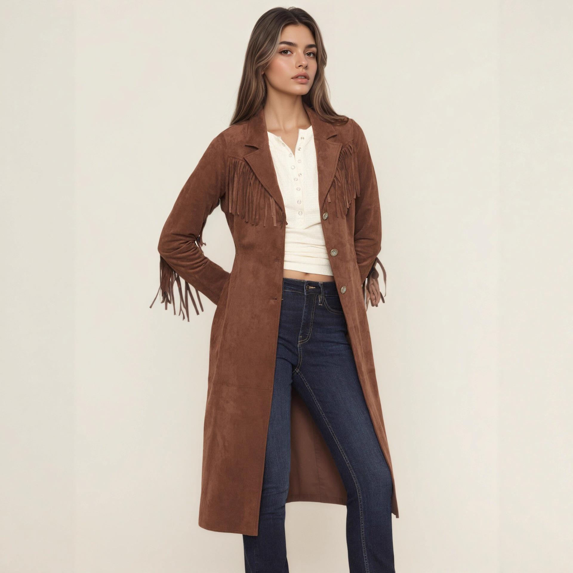European and American clothing autumn and winter retro modern style gold jewelry button fringed decorative suede coat coat women S