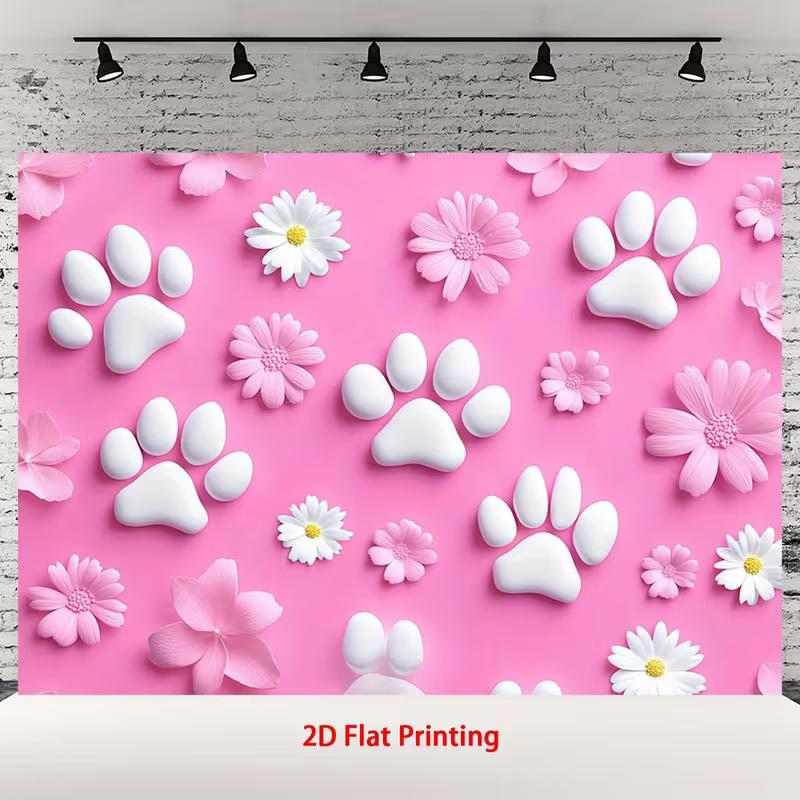 2D Pink Paw Print Backdrop Daisy Flower Pet Birthday Party Background