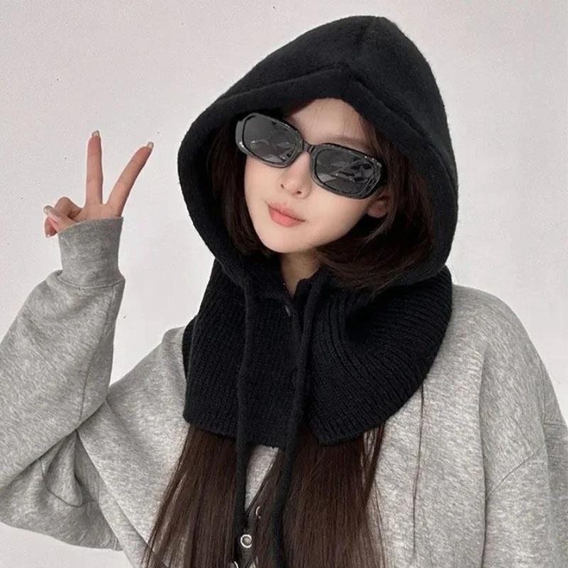 Korea Winter Hats and Scarf Set with Botton Scarf Balaclava Hat Warm Neck Set Women Knitted Wool Pullover Hat Gothic Y2k