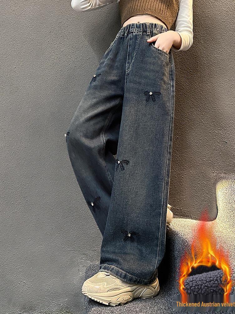 Girls' 2025 Fleece-Lined Wide-Leg Denim Pants - Autumn/Winter Style