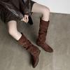 2025 autumn and winter new round head inner height increase but knee high sleeve trend national style stacking boots women