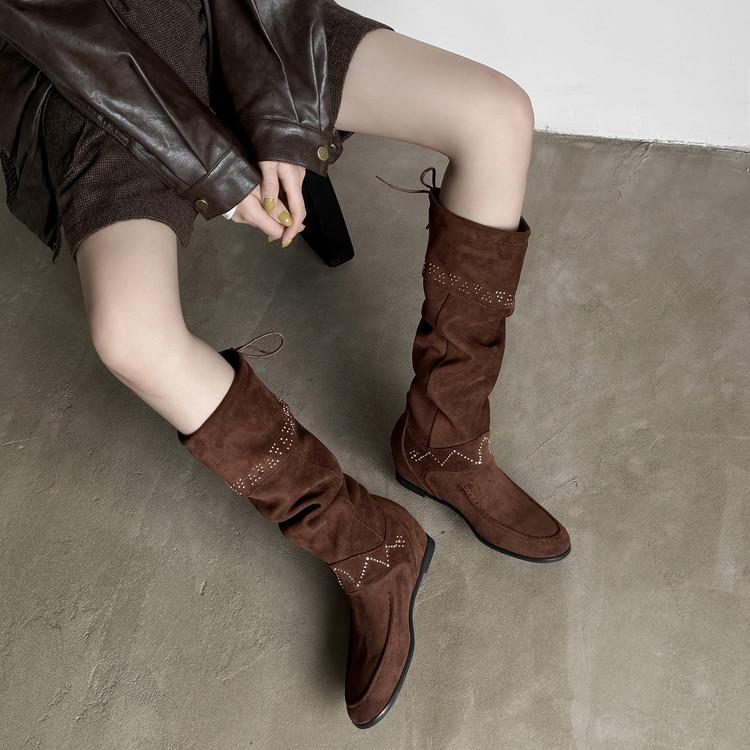 2025 autumn and winter new round head inner height increase but knee high sleeve trend national style stacking boots women