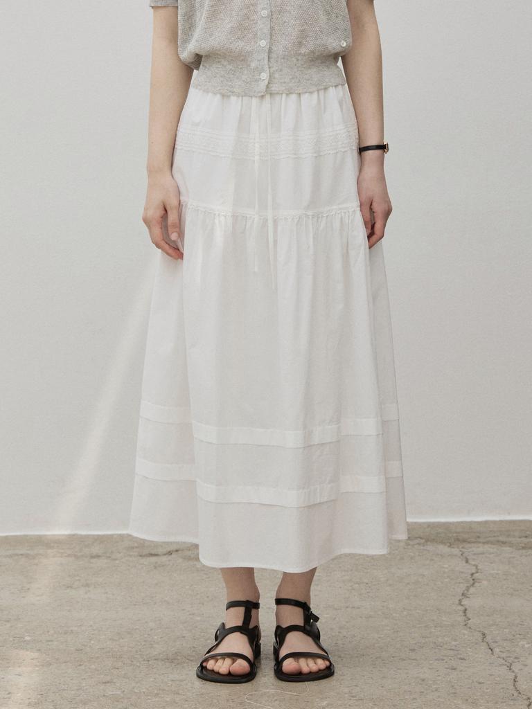 LE STUDIO Cotton Tiered Long Pleated Skirt Ivory