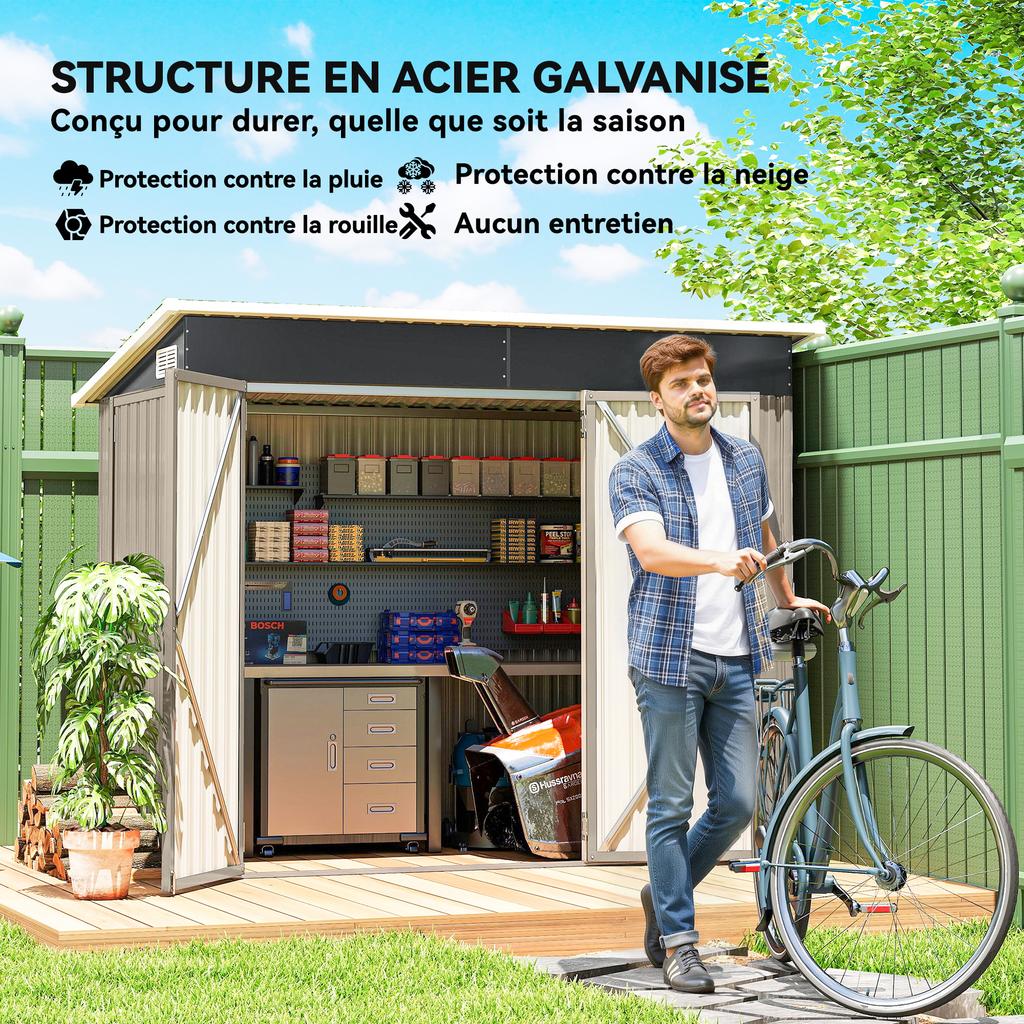Capanno da Giardino in Metallo 7,5 x 4,3 piedi, Capanno da Esterno Impermeabile con Tripla Porta Bloccabile, Guanti, Prese d'Aria, Grigio Chiaro